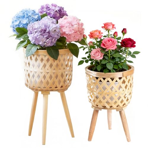 Boho Rattan Plant Stand Set of 2 – Handwoven Tall Elevated Wicker Plant Baskets for Indoor Plants, Mid-Century Modern Wooden Planter Holder with Tripod Legs, Farmhouse Home Decor - size: 2 pieces（S+M）