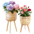 Boho Rattan Plant Stand Set of 2 – Handwoven Tall Elevated Wicker Plant Baskets for Indoor Plants, Mid-Century Modern Wooden Planter Holder with Tripod Legs, Farmhouse Home Decor - size: 2 pieces（S+M）