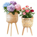 Boho Rattan Plant Stand Set of 2 – Handwoven Tall Elevated Wicker Plant Baskets for Indoor Plants, Mid-Century Modern Wooden Planter Holder with Tripod Legs, Farmhouse Home Decor - size: 2 pieces（S+M）
