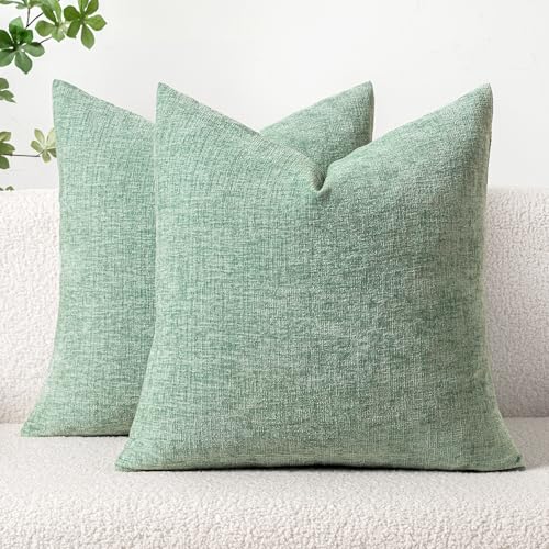 MIULEE Pack of 2 Couch Throw Pillow Covers 16x16 Inch Soft Greyish Green Chenille Pillow Covers for Sofa Living Room Solid Dyed Pillow Cases - color: Greyish Green, size: 16" x 16" (Pack of 2)