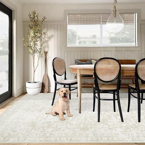 Aoyaomi Vintage Living Room Area Rug - 5x7 Large Machine Washable Boho Area Rug Distressed Floral Rugs for Bedroom, Soft Non-Slip Indoor Floor Accent Rugs for Office Dining Room (Cream Beige, 5'x7') - color: Cream Beige, size: 5' X 7' (Rectangular)