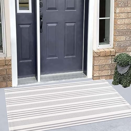 Grey and White Outdoor Rug 24'' x 51''Striped Front Porch Rug Hand-Woven Machine Washable Layered Door Mats for Entryway/Bedroom/Outdoor - color: Grey Striped, size: 2' x 4'3" (Rectangular)