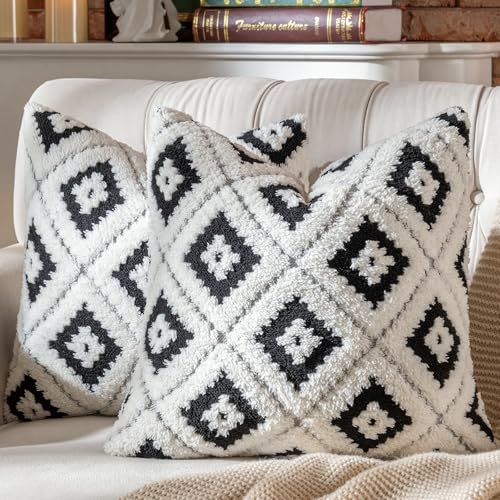 AmHoo Pack of 2 Decorative Throw Pillow Covers Rhomboid Luxury Super Soft Plush Set Case Cushion for Couch Sofa Bedroom 18 x 18-Inch Black - color: Black, size: 18" x 18" (Pack of 2)