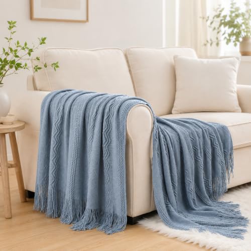 BATTILO HOME Dusty Blue Throw Blanket for Couch, Soft Knit Throws with Tassels for Home Decor, Blue Blankets and Throws for Bed Sofa, 50"x60" - color: Dusty Blue, size: 50 x 60 in.