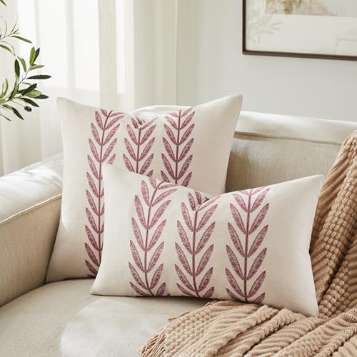 100% Cotton Farmhouse Leaves Throw Pillow Covers Set of 2, 22x22 Inch Burgundy Pastoral Decorative Print Cushion Covers for Sofa Bed Living Room Home Decor - color: Burgundy, size: 22" x 22" (Pack of 2)