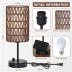 Bedside Lamps Set of 2, Touch Control Night Stand Lamp for Bedroom with Rattan & Linen Shade & Bulbs, 3 Way Dimmable Small Boho Table Lamps with USB Charging Port & Phone Stand (Coffee Color) - color: Coffee-2pack