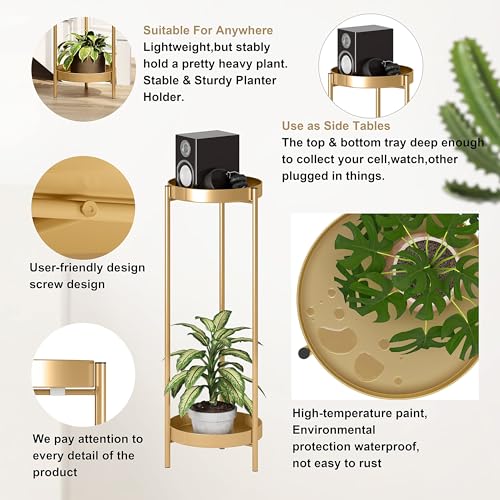 Metal Gold Tall Plant Stand Indoor or Outdoor - 30 inch 2 Tier Modern Corner Planter Shelf Rack with 2 Removable Display Shelves(10 inch) for Bedroom Living Room Balcony