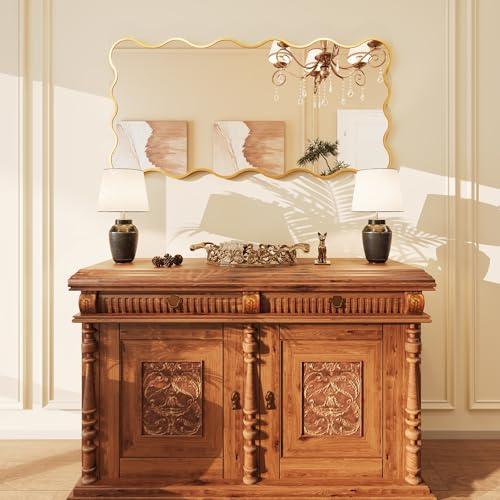 Kelly Miller 24x48 Inch Gold Scalloped Mirror, Large Rectangular Wavy Edge Bathroom Vanity Wall Mirror Decorative for Bedroom Living Room Entryway Fireplace Mantle - size: 48"L x 24"W