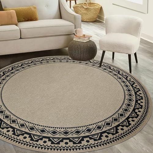 Round Easy Jute Rug 5Ft Washable Boho Carpet, Circle Black Geometric Design, Indoor Outdoor, for Farmhouse Bedroom Living Room Dorm Balcony Patio, Low Pile Thin Floor Mat - color: Boho, size: 5'