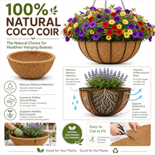 Y&M 4 Pack 16 Inch Round Hanging Basket Coco Liners, Natural Coconut Fiber Replacement Liners for 16inch Flower Planters, Coco Coir Pots Outdoor Garden - color: 4pcs 16in Round