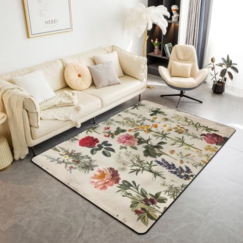 Erosebridal Vintage Botanical Flower Area Rug 6'6" x 4'11" Retro Floral Living Room Rugs Nature Plant Illustration Decorative Carpet Country Garden Indoor Floor Mat - color: Beige Cream, size: 4'11" x 6'6" (Rectangular)