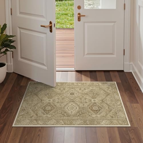 Bavni 2x3 Entryway Rug for Front Door Bathroom, Washable Vintage Print Carpet, Low Pile Lightweight Rug with Non Slip Backing, Light Brown - color: Area Brown, size: 2' x 3' (Rectangular)