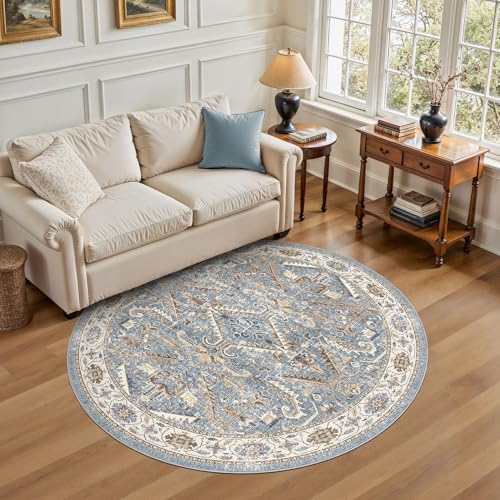 6ft Round Rug Living Room Area Rug - 6x6 Washable Circle Rugs Vintage Large Soft Non Slip Traditional Farmhouse Carpet for Bedroom Dining Room Office Indoor Floor Accent - Blue - color: Blue, size: 6' x 6'