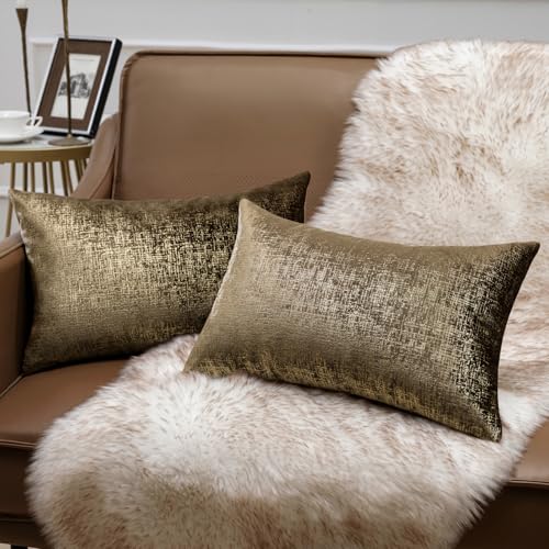 Phantoscope Pack of 2 Sparkling Velvet Decorative Throw Pillow Covers Soft Gold Glitter Square Cushion Cover Pillowcase for Couch Bed and Chair, Dark Brown, 12 x 20 inches, 30 x 50 cm - color: Dark Brown and Gold, size: 20" x 12" (Pack of 2)
