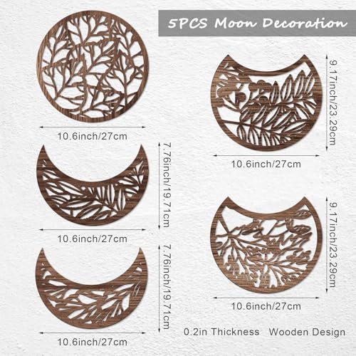 Jetec 5 Pcs Moon Phase Wall Art Decor Wall Pediments Hanging Wooden Phase Spiritual Bedroom Nordic Boho Lunar Aesthetic Art for Living Room Dorm Apartment Ornament(Brown,10.6 Inch,Botanical) - color: Brown, size: 10.6 Inch