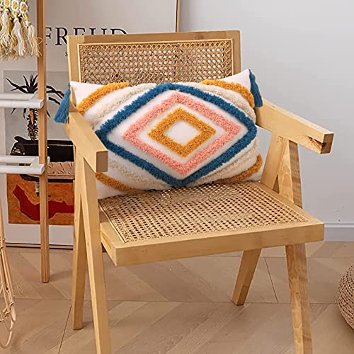 JASEN Colorful Boho Throw Pillow Covers 12x20, Diamond Pattern Lumbar Pillow Covers with Tassel Woven Tufted Decorative Pillow Cover for Couch Sofa Bedroom Living Room - color: Blue, size: 20" x 12" (Pack of 1)