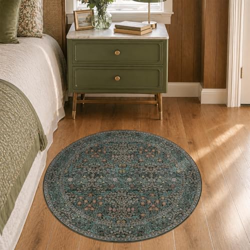 Vintage 3ft Round Washable Entryway Rug, Soft Small Round Area Rugs for Indoor Door Mat, Bedroom, Kitchen, Bathroom, Living Room, Ultra-Thin Non-Slip Dark Green Floral Front Door Circle Rug Décor - color: Dark Green / Black, size: 3' (Round)