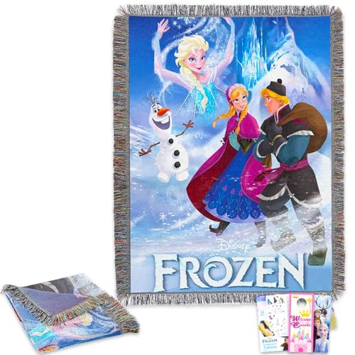 Disney Frozen Woven Throw Blanket Bundle - Anna Elsa Blanket, Bookmark, Tattoos, and More for Kids | Disney Frozen Decoration 48" x 60"