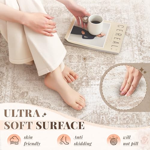 Area Rug 6x9 Vintage Rug: Washable Indoor Medallion Rugs Low Pile Distressed Floor Carpet Retro Accent Rug for Living Room Bedroom Kitchen Dining Table Home Office(Beige, 6'x9') - color: Beige, size: 6' x 9' (Rectangular)