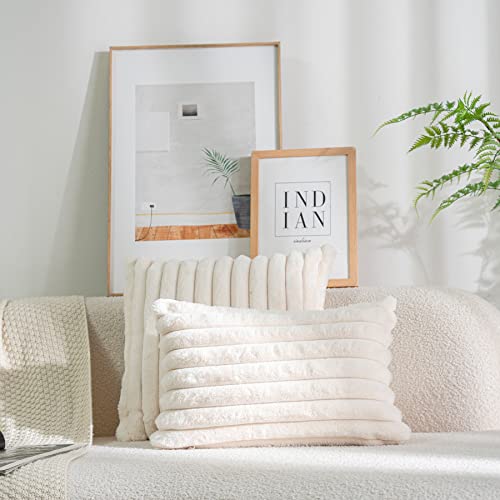 DEELAND Pack of 2,Double-Sided Faux Fur Plush Decorative Throw Pillow Covers Fuzzy Striped Soft Pillowcase Cushion Covers for Sofa Couch Bedroom - color: Cream White, size: 26" x 26" (Pack of 2)