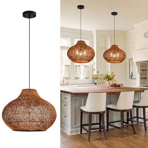 3-Light Dark Brown Rattan Pendant Light,18.9" Rustic Hanging Light,Round Curry Wicker Pendant Light Hand-Woven Rattan Chandelier for Workplace Dining Living Bedroom Kitchen Farmhouse - color: Brown, size: 18.9" 3-Light