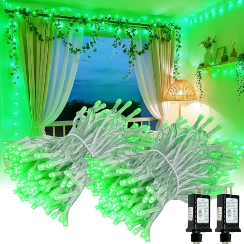 Connectable 2Pack String Lights Indoor, 66FT 200LED String Lights, 13Modes Twinkle Fairy Lights Plug in Outdoor Waterproof, Green Clear Wire Light for Christmas Tree, Wedding Yard, Party Decor - color: Green, size: 2PK-200LED