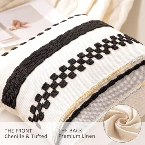 Boho Throw Pillow Covers 18x18 Set of 2 Farmhouse Decorative Cushion Case Striped Square Pillows Cover Chenille Pillow Cases Accent Neutral Pillowcase for Sofa Couch Bed,Black - color: Black Stripe 1