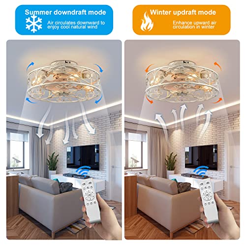 20" Caged Ceiling Fans with Lights and Remote, Bladeless Ceiling Fan 6 Speed Reversible with 4 Bulbs and Remote Control,Flush Mount Caged Ceiling Fan for Bedroom, Living Room, (Include Bulbs) - color: White brushed gold(with light bulb)