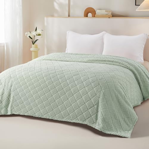 Whale Flotilla Fuzzy Fleece Twin Size Blanket for Bed, Soft Fluffy Jacquard Waffle Blankets for All Season, Lightweight and Cozy, 60x80 Inch, Sage Green - color: Sage Green, size: Twin(60x80 Inch)