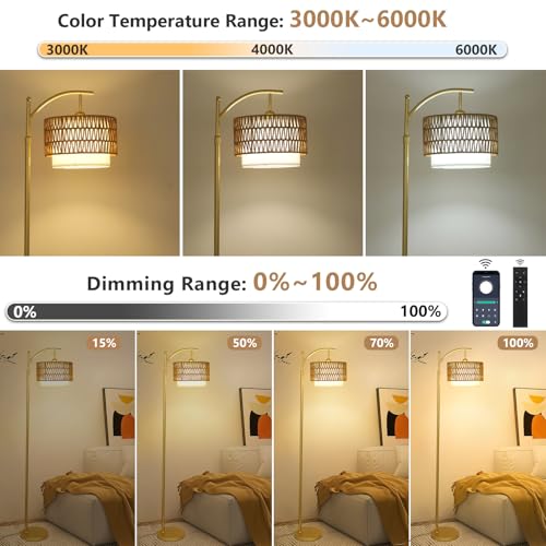 Gold Floor Lamps for Living Room with Remote & Dimmable LED Bulb, Modern Arc Floor Lamp with 3 Color Temperatures, Boho Standing Lamp with Rattan & Fabric Shades, Adjustable Tall Lamp for Bedroom - style: Rustic-Gold