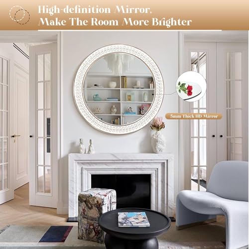 24 inch Round Rustic Wooden Mirrors, Distressed Circle Mirror for Bathroom, Bedroom, Living Room, Entryway, Fireplace, Hall - color: White Leaves, size: 24"L x 24"W