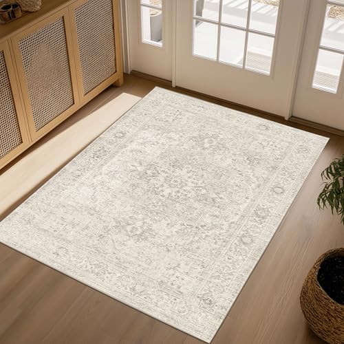 FMFUNCTEX 3x5 Washable Area Rug Beige Vintage Neutral Distressed Non Slip Low Pile Traditional Retro Indoor Carpet for Entryway Entrance Soft Rug Living Room Bedroom Kitchen Dining Office Laundry - color: Beige, size: 3' x 5' (Rectangular)