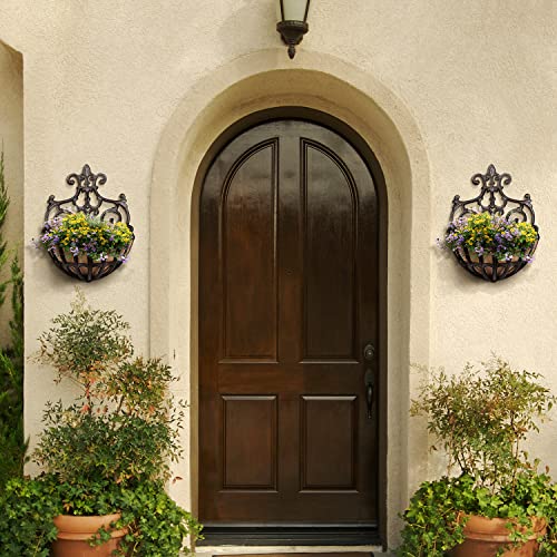 Sungmor 2PC Small Cast Iron Baskets, Heavy-Duty Wall Hanging Hollow Planter w/Fabric Liner, Antique Victoria Half Round Wall Pot Plants Holder, Outdoor Railing Fence Balcony Hanging Basket Flower Pot - color: Rustic Brown - Small