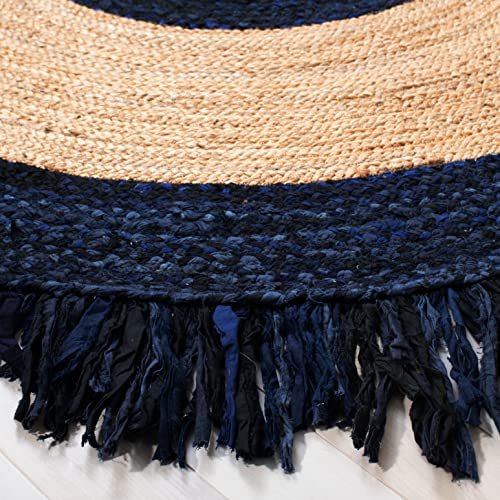 SAFAVIEH Cape Cod Collection 3' Round Navy / Natural CAP701N Handmade Boho Fringe Jute & Cotton Area Rug - color: Navy/Natural, size: 3' (Round)