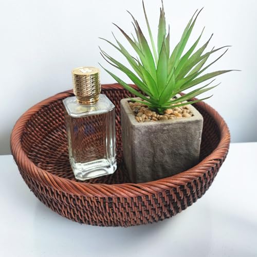 9 Inch Round Rattan Bowl Basket, Handmade Wicker Basket Tray with Scalloped Edge and 3”Deep Wall, Decorative Woven Dark Brown Bread Basket Fruit Bowl Key Holder Table Centerpiece, M - color: M - D8.7 x H2.8 inch