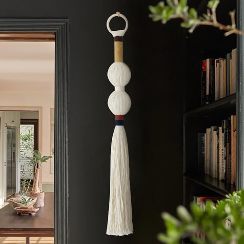 IOWER Macrame Wall Hanging Boho Decor Yarn Wall Art Small Sphericity Cotton Textile Tassel Hanging Fiber Art for Living Room Bedroom 27'' L x 2.3'' W - color: Ivory1