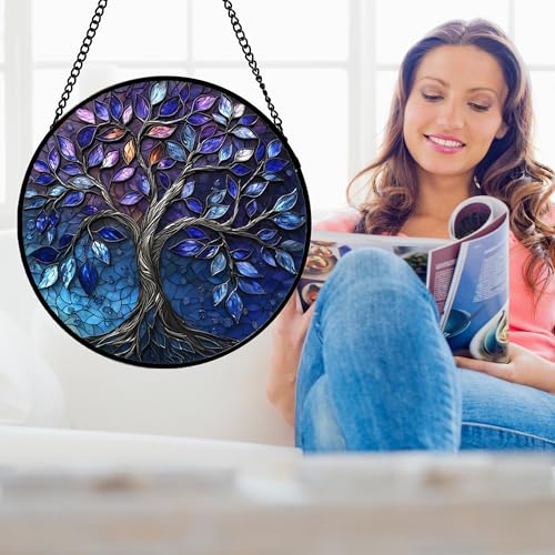 DASTOLL Stained Glass Window Hanging, Blue Purple Tree of Life Sun Catchers Colorful Glass Panel Plants Suncatcher Decor for Birthday for Women,Men,Wife, Lovers, and Mom 11.8x11.8 in - color: Blue Purple, size: 11.8x11.8 IN