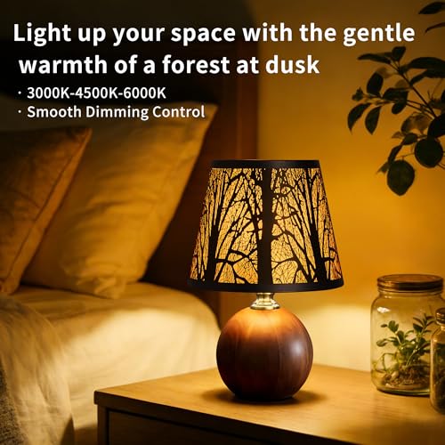 11.4" Rustic Forest Small Table Lamp, Solid Wood Base & Metal Tree Shade with 3-Color Stepless Dimmable Bedside Lamp, Nightstand Light for Bedroom & Living Room, Bulb Included - color: Forest Shade + Solid Wood Base