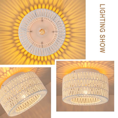 SineRise Rattan Ceiling Light Fixtures (12-Inch, LED Bulb Included), Hand-Woven Boho Flush Mount Ceiling Light, Rattan Chandelier for Hallway Kitchen Farmhouse Foyer Entryway Living Room(White) - color: White, size: Small