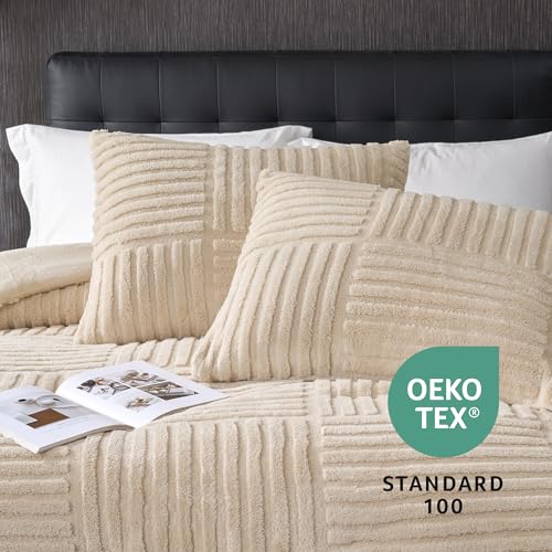 Amélie Home King Size Comforter Set with Stripe Jacquard Design, Khaki Fluffy King Bedding Set, Super Soft Plush Bedding Set,3 Pieces, 1 Soft Comforter and 2 Pillowcases - color: Stripe Patchwork Khaki, size: King (106"x90")