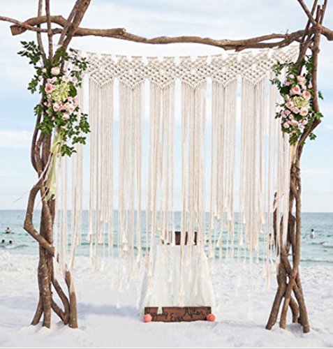 Macrame Wall Hanging Tapestry Beige Long Fringe Tassel Garland Banner Shabby Chic Bohemian Woven Tapestry Wall Decor for Dorm Living Room Bedroom Baby Nursery Art Party Wedding Backdrop Decoration