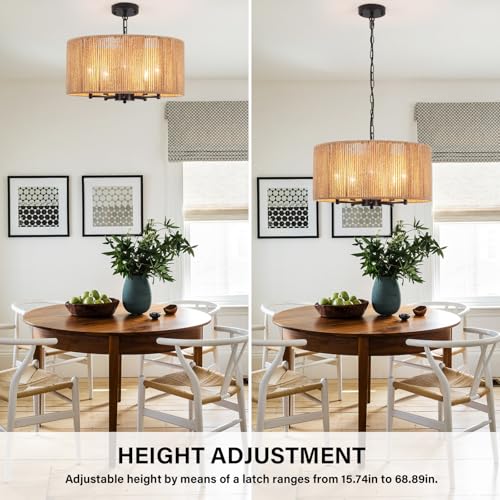 5-Light Boho Rattan Chandelier, 19'' Large Farmhouse Chandeliers Hand Woven Rattan Pendant Light Fixture, Black Wicker Chandelier for Dining Room Foyer Entryway Hallway Bedroom Kitchen Living Room - color: 5-Light Black