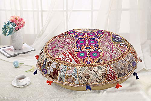 Indian Bohemian Floor Cushion Adult Beige 32 Inch Patchwork Living Room Pouffe Footstool Home Decor Embroidered Vintage Cotton Round Floor Pillow Boho 32x32