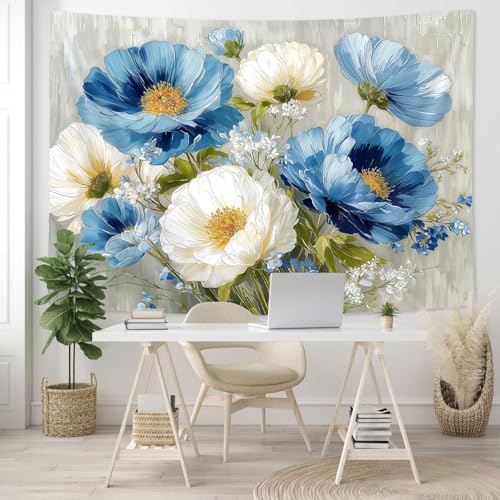 DYNH Blue White Floral Tapestry,Natural Aesthetics Elegant Tapestrie,Modern Flower Painting Wall Hanging,Watercolor Aesthetic Art Decor for Bedroom Living Room Dorm,90X70In - color: Blue White, size: 90"L x 70"W