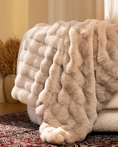 Ultra Soft Cozy Faux Fur Throw Blanket, Fuzzy Plush Thick Bubble Blanket, Oversize Luxury Fluffy Blanket for Couch, Sofa, Bedroom, and Living Room, 50x60 Inches, Light Brown - color: Bubble Light Brown, size: Throw