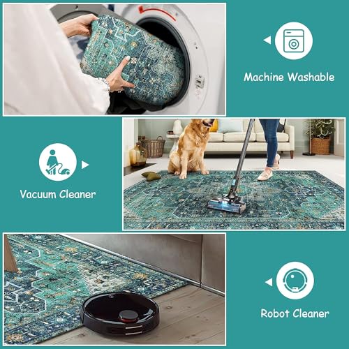 Moynesa 2x4 Teal Vintage Floral Medallion Runner Rug - Machine Washable, Non-Slip, Low Pile, Indoor Use Only - color: Teal, size: 2' x 4'