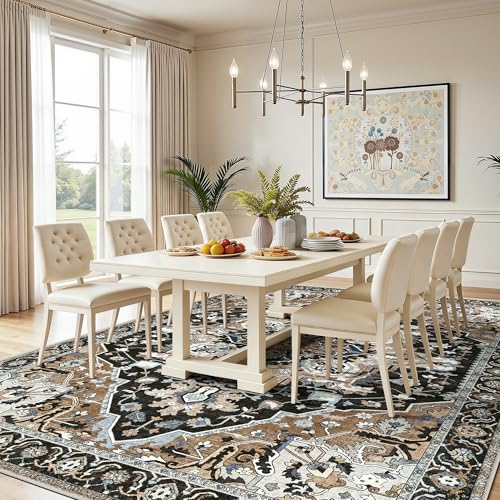 9x12 Black Boho Farmhouse Rug - Washable Vintage Low Pile Carpet Non-Slip for Living Room, Dining Room Under Table - Soft Large Tumble Rug for High Traffic Bedroom, Bohemian Decor, Black Multi - color: Black & Multi, size: 9' x 12' (Rectangular)