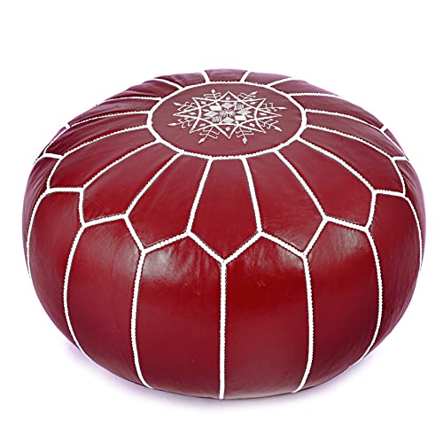 Marrakesh Gallery Genuine Leather Round Pouf Unstuffed - Moroccan Ottoman Footstool, Footrest Cover - Boho Decor - Bohemian Living Room, Bedroom, Kids Room, Gift & Wedding - color: Ruby