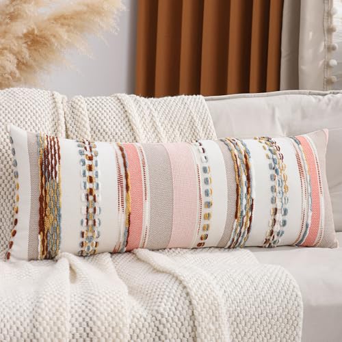 Boho Lumbar Throw Pillow Cover 14x36 Long Body Lumbar Decorative Pillow Case Accent Chenille Striped Pillowcase Farmhouse Cushion Case for Home Decor Orange (1 Piece) - color: Orange Stripe, size: 36" x 14" (Pack of 1)