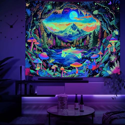 Zussun Blacklight Mushroom Forest Tapestry UV Reactive Nature Mountain Moon Butterfly Tapestry for Bedroom Aesthetic Landscape Samll Tapestries Wall Hanging for Dorm Living Room Decor 48 x 36 Inch - color: Warm Yellow, size: 48"L x 36"W